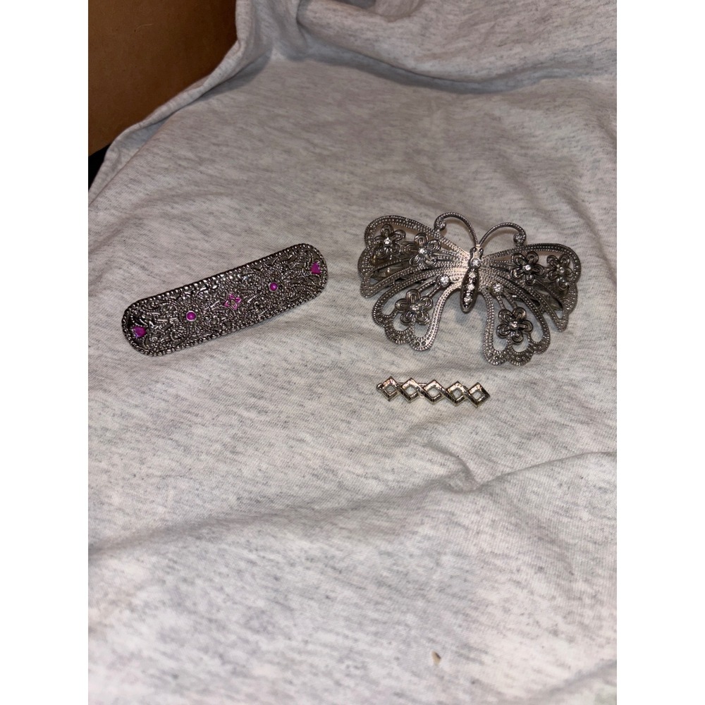 Vintage Silver Tone Butterfly & Pink Stone Barrette Hair Accessory Bundle 3pc